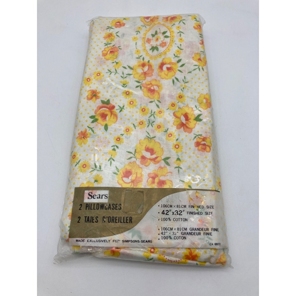 Vintage Sears Yellow Floral Pillowcases Pair NOS 100% Cotton Simpsons Sears
